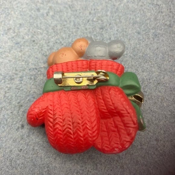 Christmas Pin Brooch Mice Mouse Brown Grey Red Mitten Green Jingle Bell Retro - Picture 3 of 7